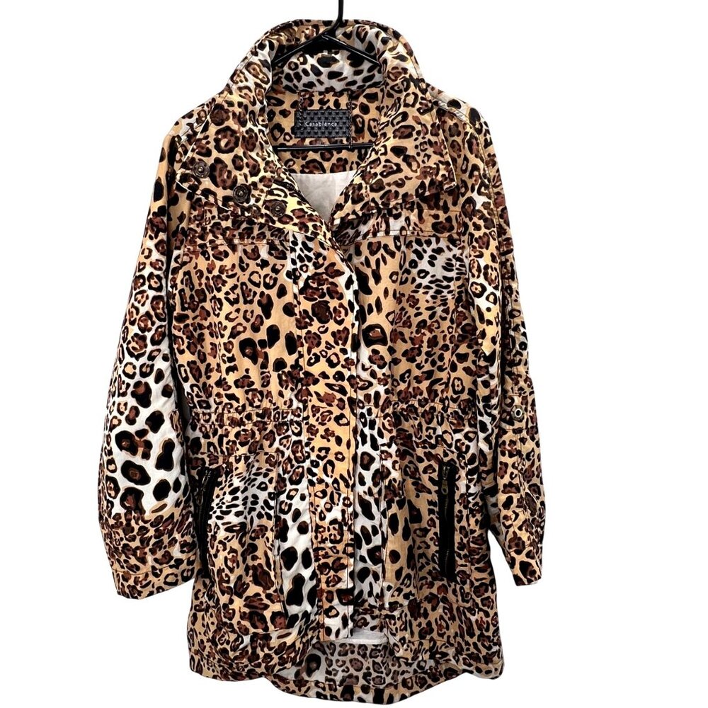 Casablanca Leopard Coat Jacket M Women Full Zip Hide Away Hood Pockets Tan Brown